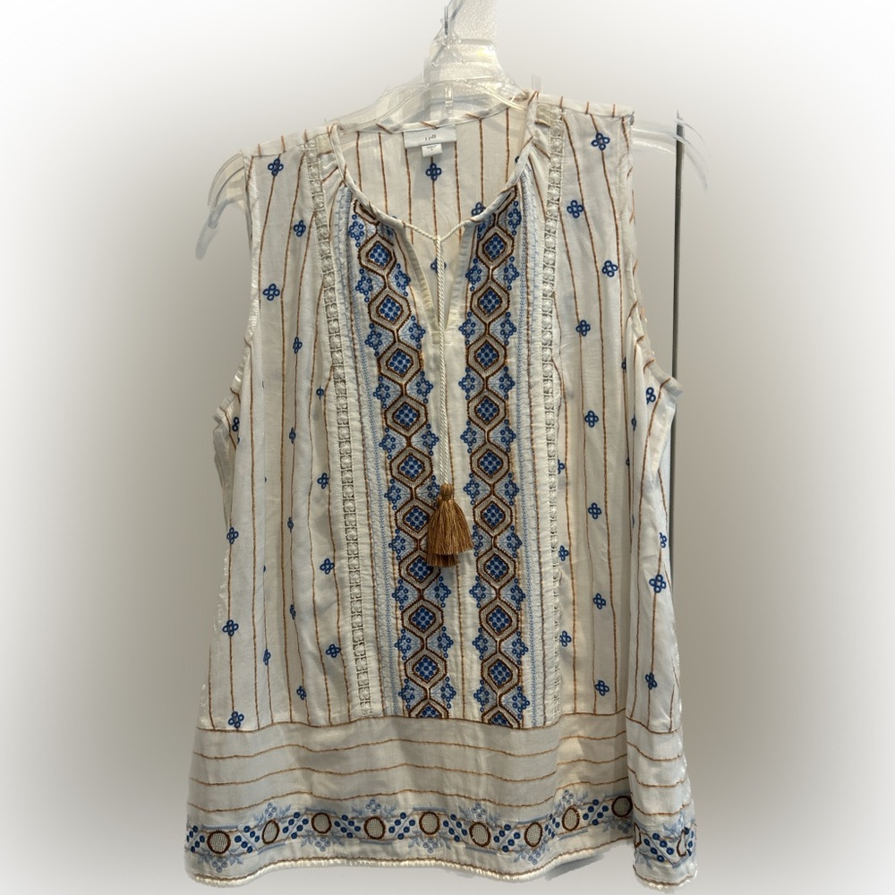 J. Jill - Boho Lilah Textured-Stripes Embroidered Sleeveless Top -